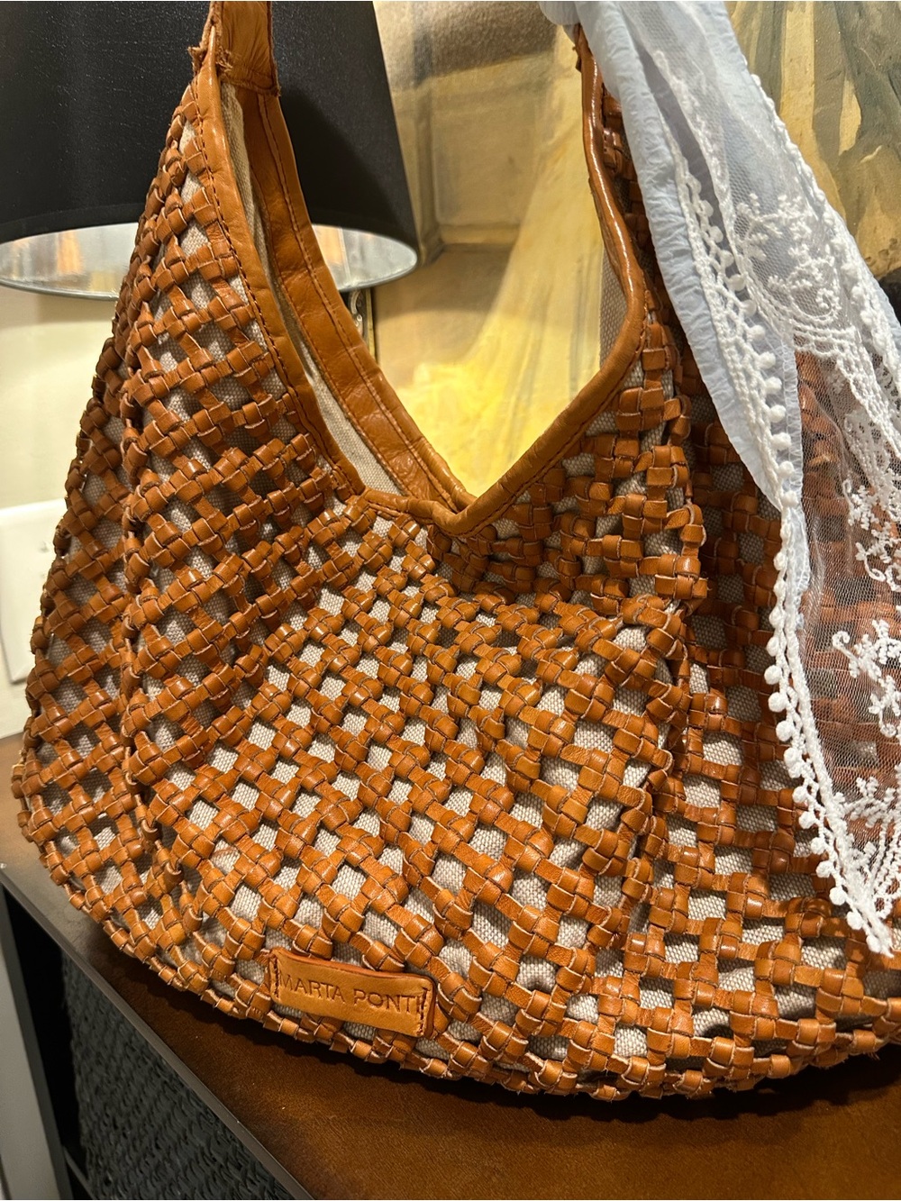 Marta Ponti Woven Quiet Luxury Bag Woven Leather Hobo Bag in Cognac